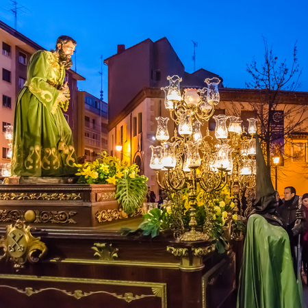 PALENCIA, SPAIN - MARCH 24, 2016: Traditional Spanish Holy Week (Semana Santa) procession on Holy Thursday night in the streets of Palencia (Castilla y Leon), Spainのeditorial素材