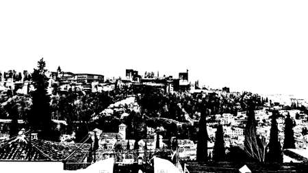 Cityscape of Granada, southern Spain, with the Alhambra Palace in the background, black and white silhouetteの写真素材