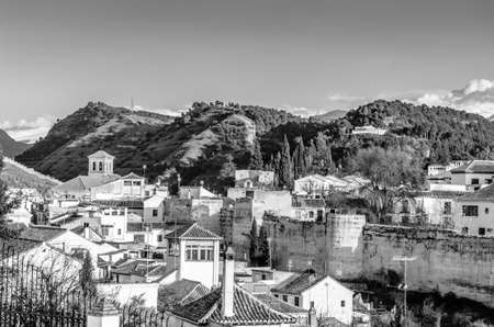Urban landscape, Granada city view, Andalusia, southern Spain, black and white imageの写真素材