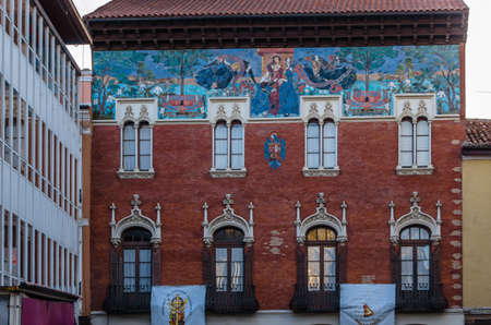 PALENCIA, SPAIN - MARCH 24, 2016: View of Colegio de Villandrando in Palencia, a building built in 1910-1911 by the architect JerÃ³nimo Arroyo, being an example of floral modernism, with neo-Romanesque and neo-Romanesque elementsのeditorial素材