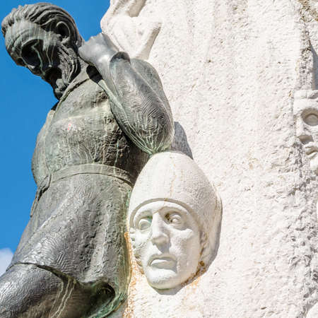 PALENCIA, SPAIN - MARCH 27, 2016: View of the statue called "Monument to Alonso Berruguete", made in 1963 by the sculptor Victorio Macho in 1963, located in the main square of Palencia (Castile and Leon), Spainのeditorial素材