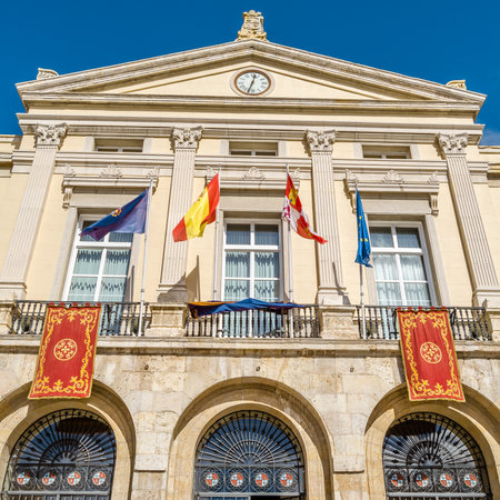 PALENCIA, SPAIN - MARCH 27, 2016: View of the Palencia city hall facade decorated during Holy Week, located in the main square (Plaza Mayor) of Palencia (Castile and Leon), Spainのeditorial素材