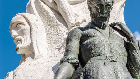 PALENCIA, SPAIN - MARCH 27, 2016: View of the statue called "Monument to Alonso Berruguete", made in 1963 by the sculptor Victorio Macho in 1963, located in the main square of Palencia (Castile and Leon), Spainのeditorial素材