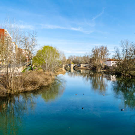 Medieval stone bridge over the Carrion River in Palencia (Castile and Leon), Spainの写真素材