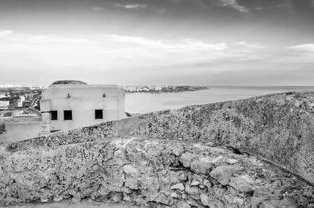 ALICANTE, SPAIN - DECEMBER 27, 2018: Aerial view of the Mediterranean city of Alicante, seen from the Santa Barbara castle; black and white imageのeditorial素材
