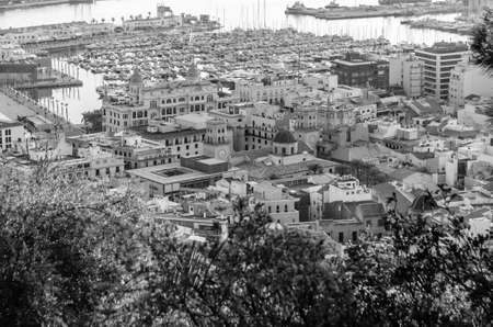 Aerial view of the Mediterranean city of Alicante, Spain; black and white imageの写真素材