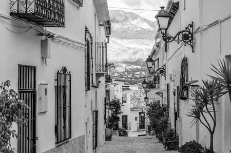 Architecture in the Mediterranean white village of Altea, Alicante province, Spain; black and white imageの写真素材