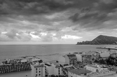 View of the Mediterranean village of Altea, Alicante province, Spain; black and white imageの写真素材