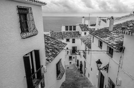 View of the Mediterranean village of Altea, Alicante province, Spain; black and white imageの写真素材