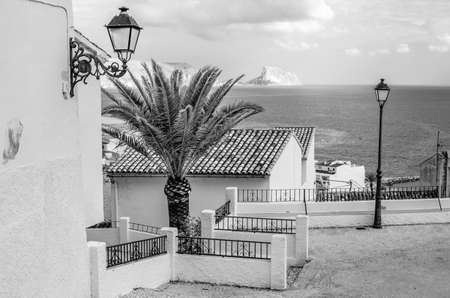 View of the Mediterranean village of Altea, Alicante province, Spain; black and white imageの写真素材