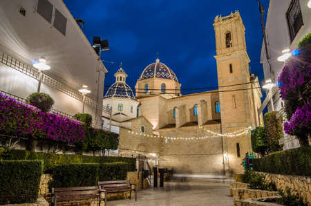 Night view of the beautiful Church of Our Lady of Consolation in the Mediterranean village of Altea, Alicante province, Spainの写真素材