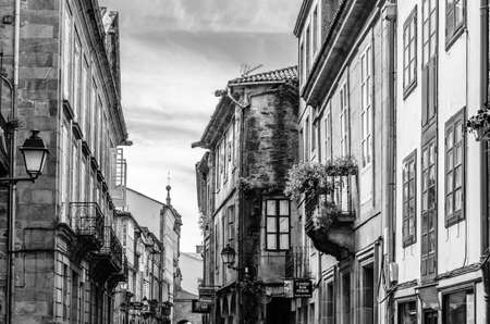 SANTIAGO DE COMPOSTELA, SPAIN - APRIL 3, 2015: Urban scene in Santiago de Compostela, Galicia, northern Spain, black and whie imageのeditorial素材