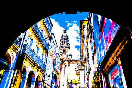 Architecture in Santiago de Compostela, northern Spain, colorful illustrationの写真素材