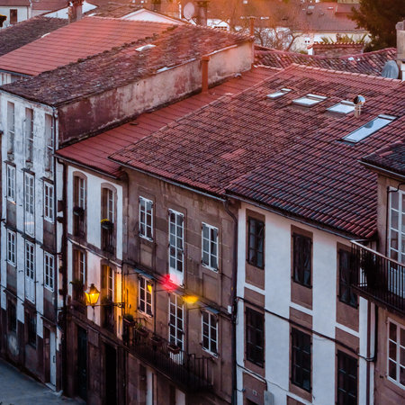 Urban landscape, view of Santiago de Compostela at sunset, Galicia, northern Spainの写真素材