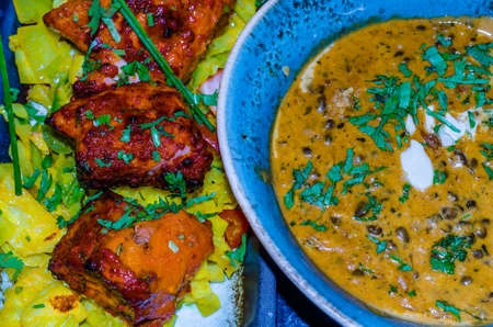 Colorful background of traditional Indian food dishes