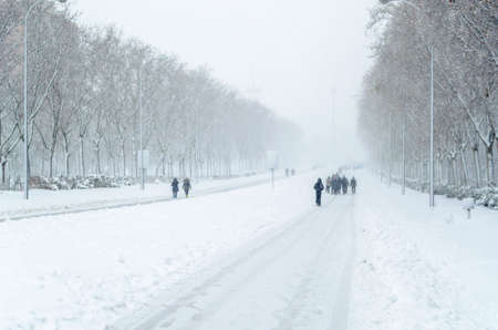 MADRID, SPAIN â JANUARY 9, 2021: Streets of Madrid blanketed with the heaviest snowfall in 50 years, during Storm âFilomenaâのeditorial素材