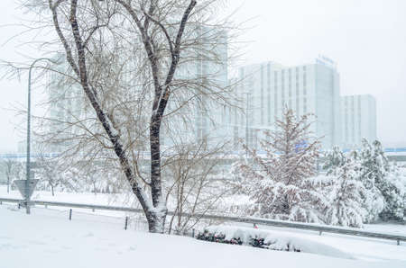 MADRID, SPAIN â JANUARY 9, 2021: "Ramon y Cajal" Hospital seen during Storm âFilomenaâ, the heaviest snowfall in 50 years in Madrid, Spainのeditorial素材