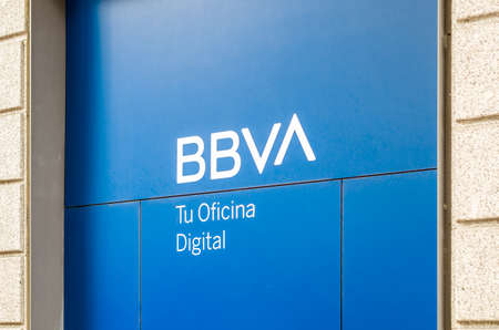 MADRID, SPAIN â MAY 12, 2021: BBVA (Banco Bilbao Vizcaya Argentaria) bank branch office in Madrid, Spain. BBVA is a Spanish multinational financial services companyのeditorial素材