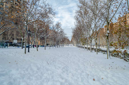 MADRID, SPAIN â JANUARY 10, 2021: Streets of Madrid blanketed with the heaviest snowfall in 50 years, after Storm âFilomenaâのeditorial素材