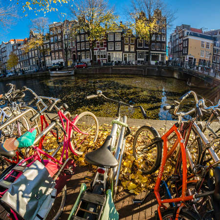 AMSTERDAM, THE NETHERLANDS - NOVEMBER 18, 2018: Urban scene in Amsterdam, the Netherlands. Fish eye viewのeditorial素材
