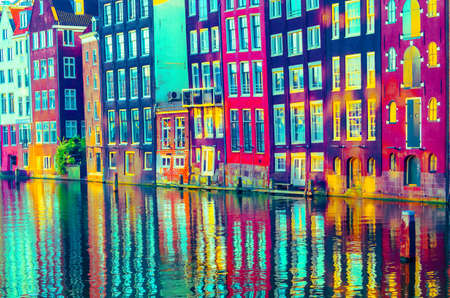 Typical Dutch architecture in Amsterdam, the Netherlands. Colorful illustrationの写真素材