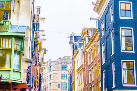 Typical Dutch architecture in Amsterdam, the Netherlands. Colorful illustrationの写真素材