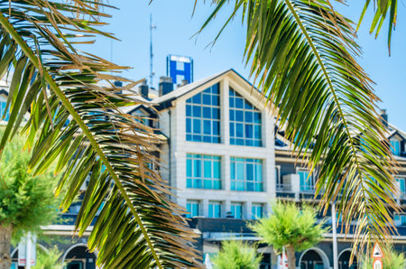 MOGRO, SPAIN - JULY 5, 2021: Exterior view of a hotel near the Usil beach in the village of Mogro, Cantabria, northern Spainのeditorial素材