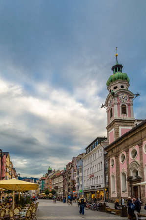 INNSBRUCK, AUSTRIA - SEPTEMBER 2, 2013: View of streets and typical Tyrolean architecture in Innsbruck, Austriaのeditorial素材