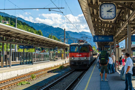 BISCHOFSHOFEN, AUSTRIA - AUGUST 30, 2013: Train station platform in Bischofshofen, a town in Austria, an important traffic junctionのeditorial素材