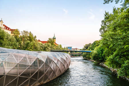 GRAZ, AUSTRIA - AUGUST 31, 2013: Modern architecture, detail of the Murinsel in Graz, Austria a building in the middle of the Mur river designed by Vito Acconci on the occasion of Graz becoming the 2003 European Capital of Cultureのeditorial素材