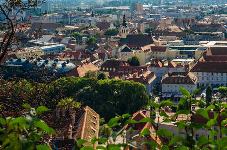 GRAZ, AUSTRIA - AUGUST 31, 2013: Urban landscape, city view of Graz, Austria from Schlossberg (English: Castle Hill)のeditorial素材