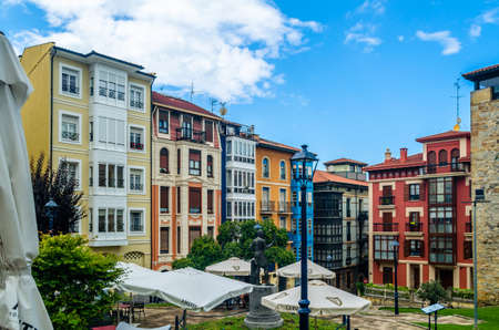 PORTUGALETE, SPAIN - JULY 7, 2021: Architectural detail, colorful facades in the old town of  Portugalete, Basque Country, Spainのeditorial素材