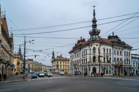 CLUJ-NAPOCA, ROMANIA - NOVEMBER 14, 2013: Urban landscape, architecture in the city of Cluj-Napoca, Transylvania, Romaniaのeditorial素材