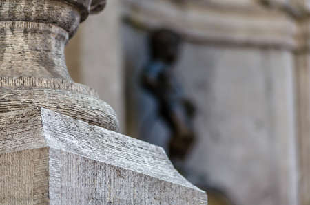 BRUSSELS, BELGIUM - AUGUST 21, 2013: Blurred image of the famous Manneken Pis statue in the background, the symbol of Brussels, Belgiumのeditorial素材