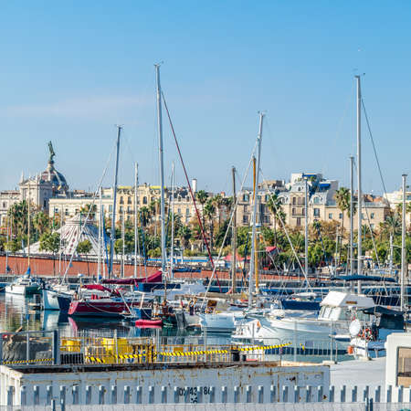 BARCELONA, SPAIN - DECEMBER 8, 2013: Urban landscape, view from the port of Barcelona, Catalonia, Spainのeditorial素材