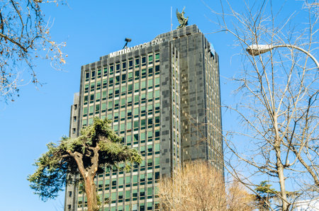 MADRID, SPAIN - JANUARY 12, 2022: Mutua MadrileÃ±a office building on Paseo de la Castellana in Madrid Spain. Mutua MadrileÃ±a is a group of Spanish companies that operate in various fields of activity: insurance, asset management and real estate, foundedのeditorial素材