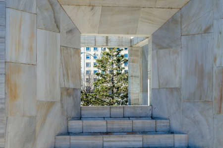 MADRID, SPAIN - JANUARY 12, 2022: "Monument to the Constitution of 1978",  a sculptural work in Madrid, located in front of the Museum of Natural Sciences. It was inaugurated on December 27, 1982; its author is the architect Miguel Angel Ruiz-Larreaのeditorial素材