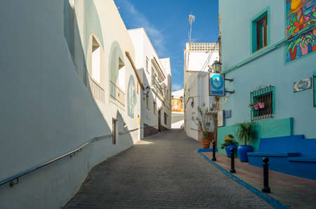 CALPE, SPAIN - JANUARY 27, 2022: View of colorful buildings and narrow streets, architecture in the historic center of the Mediterranean town of Calpe, Alicante province, Valencian Community, Spainのeditorial素材