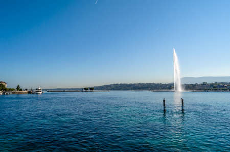 The Jet d'Eau, a large fountain in Geneva, Switzerland, one of the city's most famous landmarksの写真素材