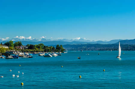 Lake Zurich seen from the city of Zurich in Switzerlandの写真素材