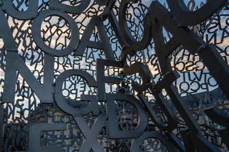 BORDEAUX, FRANCE- AUGUST 16, 2013: Detail of the modern sculpture "House of Knowledge" made by the Spanish artist Jaume Plensa in 2008, a structure in stainless steel, temporarily exhibited in the Place de la Bourse in Bordeaux, France, between 27 June anのeditorial素材