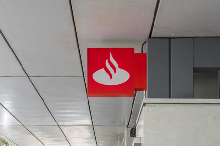 MADRID, SPAIN - SEPTEMBER 26, 2021: Banco Santander bank branch office in Madrid, Spain. Santander is a Spanish bank founded in 1857のeditorial素材