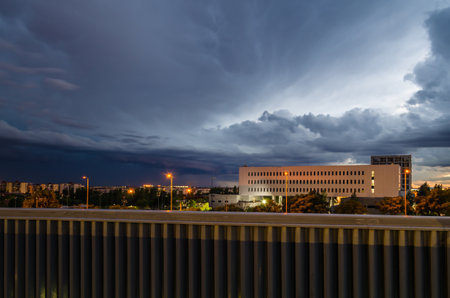 MOSTOLES, SPAIN - SEPTEMBER 22, 2021: Night view of the Rey Juan Carlos University campus in Mostoles, a Spanish public university based in the Community of Madrid, Spain, founded in 1996のeditorial素材