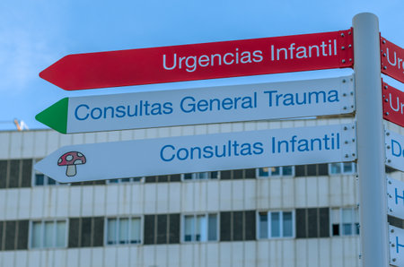 MADRID, SPAIN - OCTOBER 6, 2021: Signs that indicate the direction towards various medical services of the University Hospital of La Paz in Madrid, Spainのeditorial素材