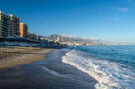 FUENGIROLA, SPAIN - OCTOBER 8, 2021: View of the beach of Fuengirola, town located on the Costa del Sol, Andalusia, southern Spainのeditorial素材