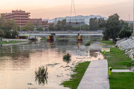 FUENGIROLA, SPAIN - OCTOBER 11, 2021: Flooded area on the banks of the Fuengirola river during a storm in the town of Fuengirola, Andalusia, southern Spainのeditorial素材