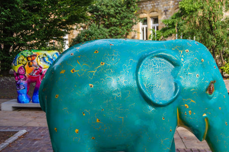 LUXEMBOURG CITY, LUXEMBOURG - AUGUST 27, 2013: Colorful elephant statue in Luxembourg, part of "Elephant parade", an open-air art exhibition. The funds raised during the parade goes to the "Asian Elephant Foundation", which is dedicated to the protection のeditorial素材