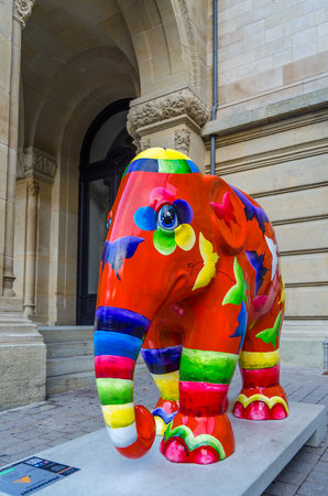 LUXEMBOURG CITY, LUXEMBOURG - AUGUST 27, 2013: Colorful elephant statue in Luxembourg, part of "Elephant parade", an open-air art exhibition. The funds raised during the parade goes to the "Asian Elephant Foundation", which is dedicated to the protection のeditorial素材