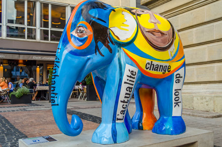 LUXEMBOURG CITY, LUXEMBOURG - AUGUST 27, 2013: Colorful elephant statue in Luxembourg, part of "Elephant parade", an open-air art exhibition. The funds raised during the parade goes to the "Asian Elephant Foundation", which is dedicated to the protection のeditorial素材