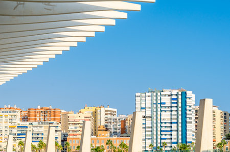 MALAGA, SPAIN - OCTOBER 12, 2021: Modern architecture, detail of the pergola on the seafront in Malaga, Spain, inaugurated in 2011のeditorial素材